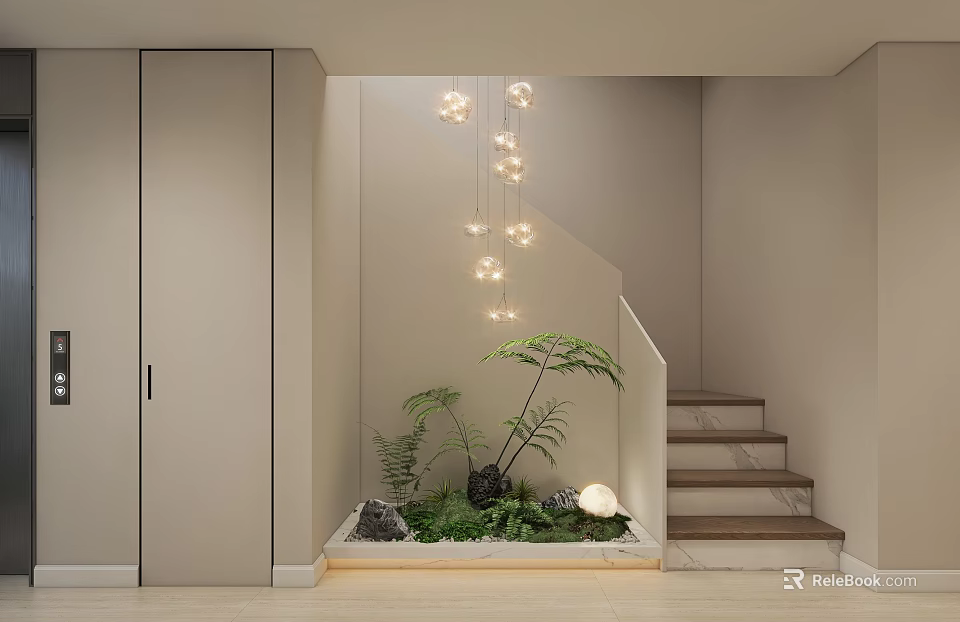 Contemporary Interior Staircase Area With Hanging Lights Greenery And Wooden Steps 3d model 