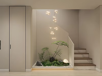 Contemporary Interior Staircase Area With Hanging Lights Greenery And Wooden Steps 3d model