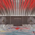 Elegant Banquet Hall Interior With Red Ceiling Lights White Chairs And Colorful Patterned Carpet