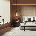 Elegant Modern Bedroom Interior With Wooden Accents Landscape Painting Pendant Lights And Soft Rug