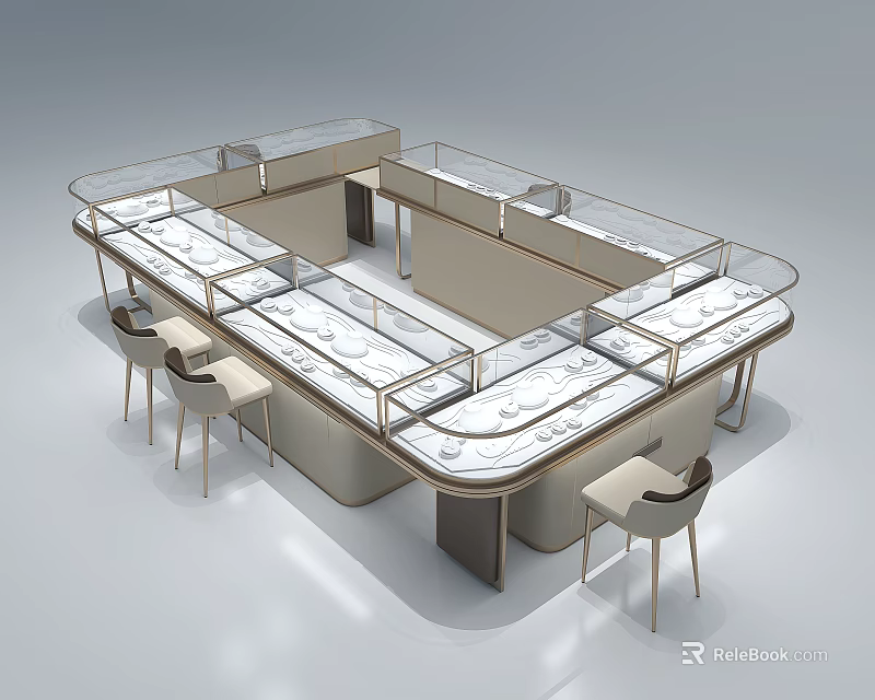 Modern Display Shelves With Glass Countertops And Chairs Around For Showcasing Items 3d model 
