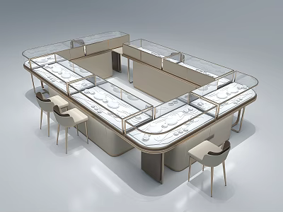 Modern Display Shelves With Glass Countertops And Chairs Around For Showcasing Items 3d model
