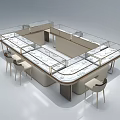 Modern Display Shelves With Glass Countertops And Chairs Around For Showcasing Items