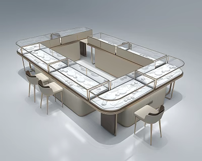 Modern Display Shelves With Glass Countertops And Chairs Around For Showcasing Items 3d model