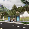 Bus Station With Waiting Shelter Information Board Green Trees And People Waiting