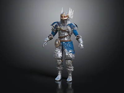 Armored Warrior Character With Dragon Inspired Helmet And Blue Silver Armor 3d model