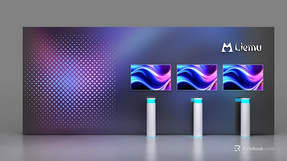 Liven Brand Commercial Equipment With Three Screens Display Colorful Wave Patterns And Gradient Dotted Background 3d model 
