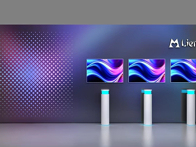 Liven Brand Commercial Equipment With Three Screens Display Colorful Wave Patterns And Gradient Dotted Background 3d model