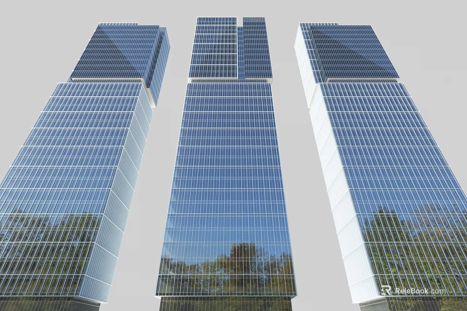 Modern High Rise Office Building With Glass Curtain Walls And Tree Reflections 3d model 