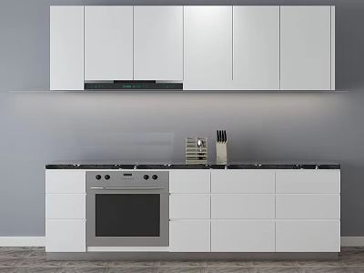 Modern Kitchen Interior With White Cabinets Black Countertop Oven And Knife Block 3d model