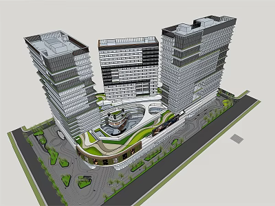 Modern Commercial Complex With Tall Buildings Central Atrium And Green Surroundings 3d model