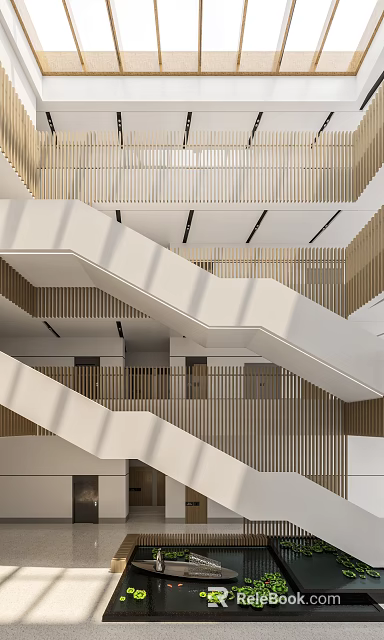 Modern Interior Staircase Structure With White Steps And Wooden Railings In Building Design 3d model 