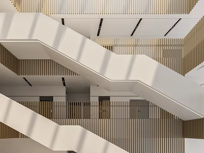 Modern Interior Staircase Structure With White Steps And Wooden Railings In Building Design 3d model