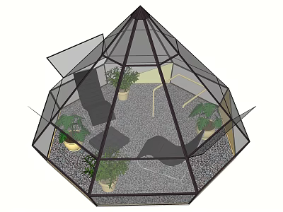 Modern Garden Landscape With Glass Greenhouse Indoor Plants Relaxing Seats And Pebble Floor 3d model