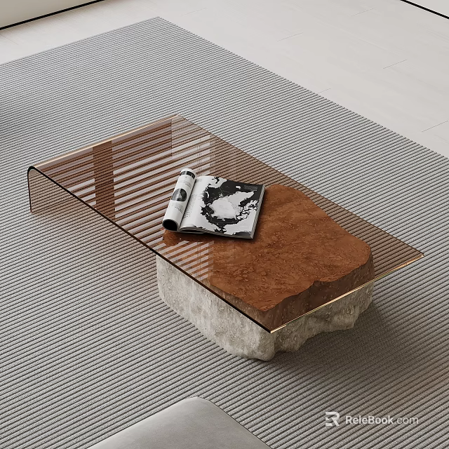 Modern Coffee Table With Transparent Glass Top Brown Wooden Section Stone Base And Magazine 3d model 