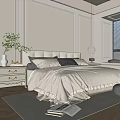 Modern Bedroom Interior With White Bedspread Paneled Wall Round Lamp And Window Blinds