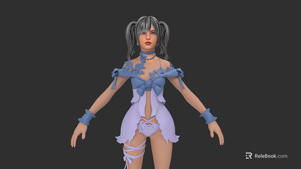 Stylish Blue And Purple Outfit With Bow Accents And Ribbon Straps For Character Design 3d model 