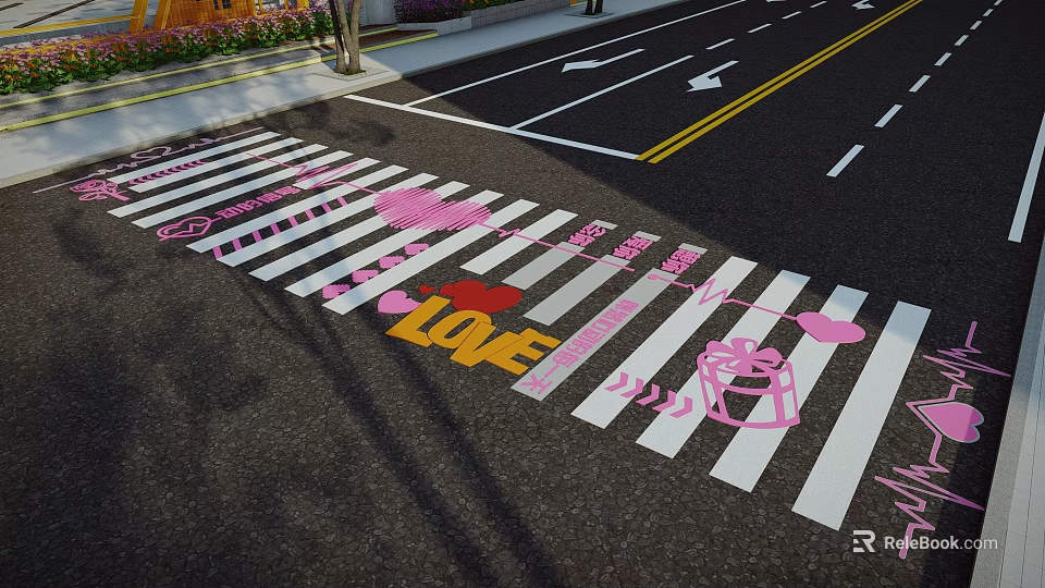Colorful Square Pavement With Pink Hearts LOVE Lettering White Stripes And Gift Box Patterns 3d model 