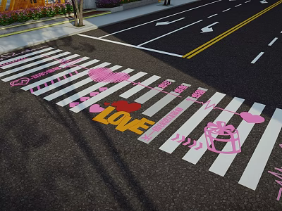 Colorful Square Pavement With Pink Hearts LOVE Lettering White Stripes And Gift Box Patterns 3d model