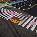Colorful Square Pavement With Pink Hearts LOVE Lettering White Stripes And Gift Box Patterns