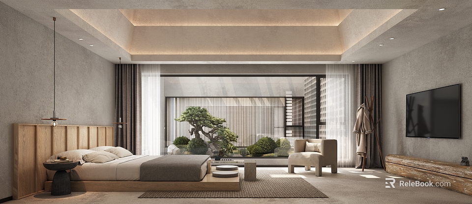 Japanese Style Bedroom With Large Bed Floor To Ceiling Window Green Plants And Wooden Elements 3d model 