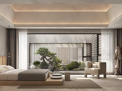 Japanese Style Bedroom With Large Bed Floor To Ceiling Window Green Plants And Wooden Elements 3d model