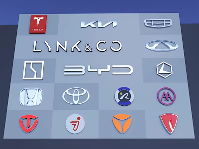 Various Car Brand Logos Displayed On Blue Grid Background Collection 3d model