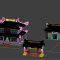 Cartoon Scene Featuring Traditional Chinese Architecture with Green Roofs and Red Decorations Multiple Miniature Buildings