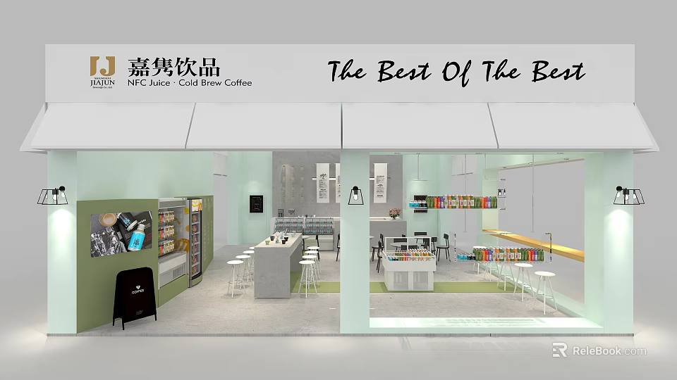 Modern Milk Tea Shop Interior With Bar Counter Tea Juice Coffee Seating And Display Shelves 3d model 