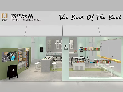 Modern Milk Tea Shop Interior With Bar Counter Tea Juice Coffee Seating And Display Shelves 3d model