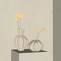 Tall Textured And Short Rounded Beige Vases With Yellow Pom Pom Flowers On Light Table