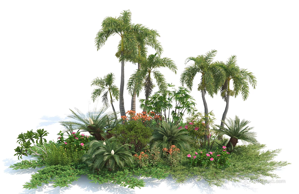Lush Tropical Garden With Palm Trees Pink Red Flowers And Green Plants 3d model 
