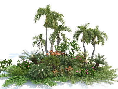 Lush Tropical Garden With Palm Trees Pink Red Flowers And Green Plants 3d model