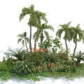 Lush Tropical Garden With Palm Trees Pink Red Flowers And Green Plants