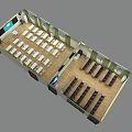 School Classroom With Neat Rows Of Desks Green White Chairs Wooden Flooring And Ceiling Lights