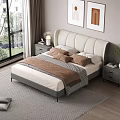 Modern Double Bed With White Upholstered Headboard Nightstands Wall Art And Green Plant