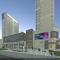 Modern Commercial Street With High Rise Buildings Pedestrians Shops And Digital Screens