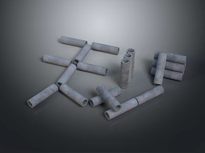 Gray Cylindrical Concrete Pipes Scattered With Stacked Arrangement On Gray Background 3d model