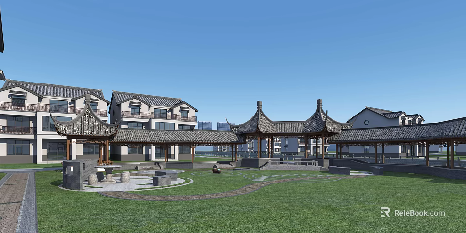 Traditional Ancient Architecture Courtyard With Tiled Roofs Pavilion And Green Lawn 3d model 