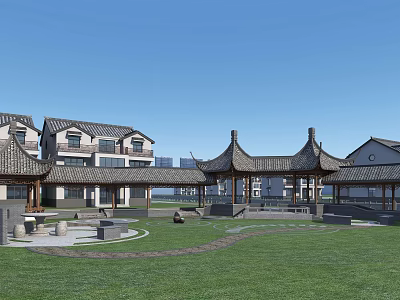 Traditional Ancient Architecture Courtyard With Tiled Roofs Pavilion And Green Lawn 3d model