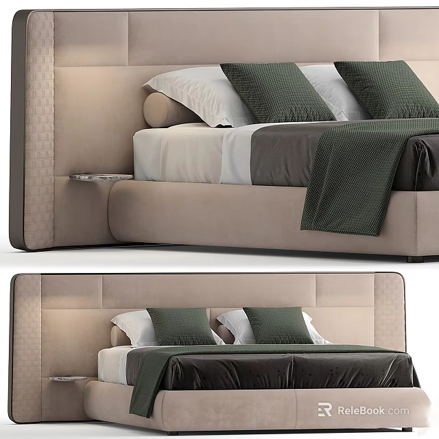 Modern Double Bed With Beige Headboard Green Pillows White Sheets And Gray Blanket 3d model 