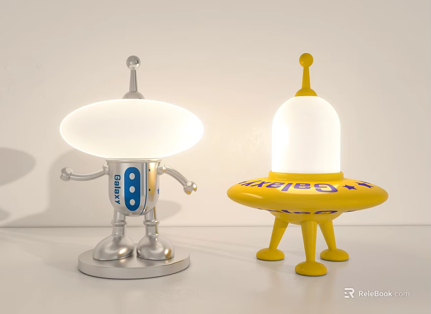 Creative Robot and UFO Shaped Table Lamps Silver Yellow with White Lampshades Antenna and Feet 3d model 