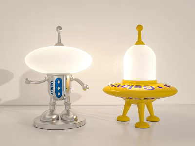 Creative Robot and UFO Shaped Table Lamps Silver Yellow with White Lampshades Antenna and Feet 3d model