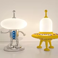 Creative Robot and UFO Shaped Table Lamps Silver Yellow with White Lampshades Antenna and Feet