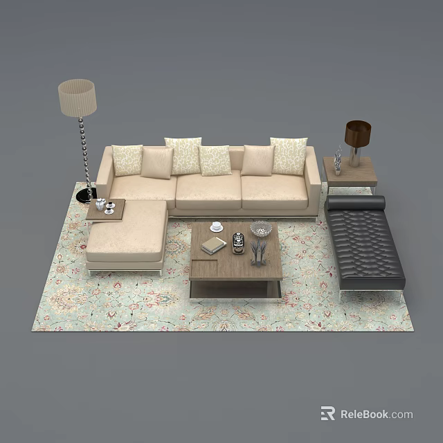 Beige Sofa and Coffee Table Set with Cushions Floor Lamp Side Table and Rug 3d model