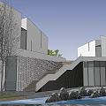 Modern Semi Detached Villa Exterior with Geometric Roofs Courtyard and Water Features