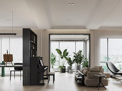 Modern Dining and Living Room Space With Sofa Dining Table Plants and Large Windows Design 3d model
