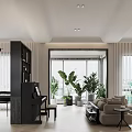 Modern Dining and Living Room Space With Sofa Dining Table Plants and Large Windows Design