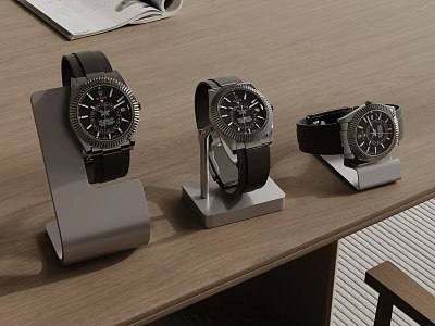 Three Stylish Watches Placed On Display Stands Over Wooden Desk 3d model