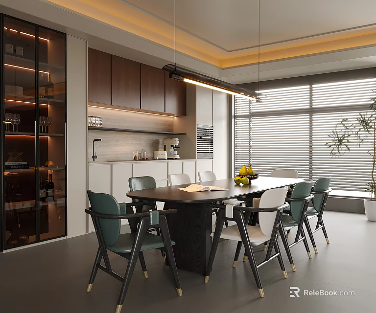 Modern Restaurant Interior With Dining Table Green Chairs Pendant Lights Large Windows And Plants 3d model 